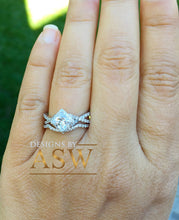 Load image into Gallery viewer, 14K Solid White Gold Princess Cut Forever One Moissanite And Natural Diamond Engagement Ring And Band, Halo, Anniversary, Wedding Deco 1.80