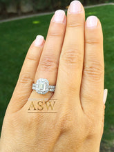 Load image into Gallery viewer, 14k solid white gold emerald cut forever one moissanite and round cut natural diamond engagement ring and band halo bridal wedding 2.00ct