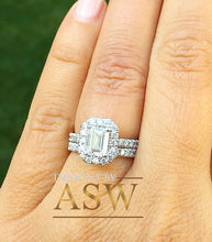 Load image into Gallery viewer, 14k solid white gold emerald cut forever one moissanite and round cut natural diamond engagement ring and band halo bridal wedding 2.00ct