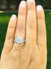 Load image into Gallery viewer, 14k solid white gold emerald cut forever one moissanite and round cut natural diamond engagement ring and band halo bridal wedding 2.00ct