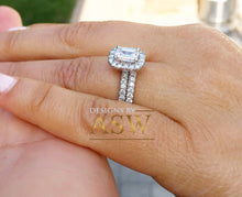 Load image into Gallery viewer, 14k solid white gold emerald cut forever one moissanite and round cut natural diamond engagement ring and band halo bridal wedding 2.00ct