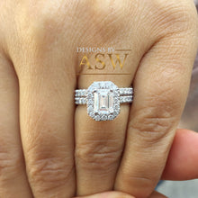 Load image into Gallery viewer, 14k solid white gold emerald cut forever one moissanite and round cut natural diamond engagement ring and band halo bridal wedding 2.00ct