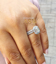 Load image into Gallery viewer, 14k solid white gold emerald cut forever one moissanite and round cut natural diamond engagement ring and band halo bridal wedding 2.00ct