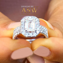 Load image into Gallery viewer, 14k solid white gold emerald cut forever one moissanite and round cut natural diamond engagement ring and band halo bridal wedding 2.00ct