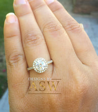 Load image into Gallery viewer, 14k Yellow Gold Round Forever one Moissanite and Diamond Engagement Ring Filigree Deco Bridal Wedding Anniversary, Bridal, Halo 1.50ctw