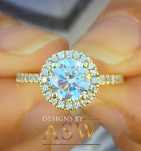 Load image into Gallery viewer, 14k Yellow Gold Round Forever one Moissanite and Diamond Engagement Ring Filigree Deco Bridal Wedding Anniversary, Bridal, Halo 1.50ctw