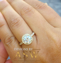 Load image into Gallery viewer, 14k Yellow Gold Round Forever one Moissanite and Diamond Engagement Ring Filigree Deco Bridal Wedding Anniversary, Bridal, Halo 1.50ctw