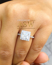 Load image into Gallery viewer, 14k white gold princess cut forever one moissanite and diamond engagement ring art deco style halo wedding anniversary round diamonds 2.00ct
