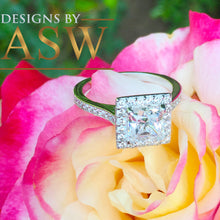 Load image into Gallery viewer, 14k white gold princess cut forever one moissanite and diamond engagement ring art deco style halo wedding anniversary round diamonds 2.00ct