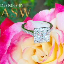 Load image into Gallery viewer, 14k white gold princess cut forever one moissanite and diamond engagement ring art deco style halo wedding anniversary round diamonds 2.00ct