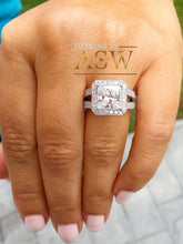 Load image into Gallery viewer, 14k solid and heavy white gold princess cut moissanite and round cut natural diamond engagement ring deco style halo bridal 3.70ctw