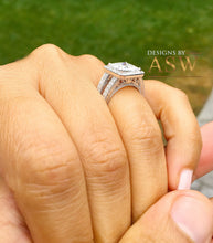 Load image into Gallery viewer, 14k solid heavy white gold princess and round cut simulated diamond engagement ring art deco style bridal wedding anniversary halo 3.70ct
