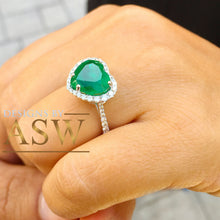 Load image into Gallery viewer, 14k solid white gold green heart shape emerald and round cut simulated diamond engagement ring halo bridal, wedding, promise 4.00ctw