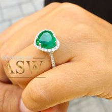 Load image into Gallery viewer, 14k solid white gold simulated green heart shape emerald and round cut natural diamonds ring deco, halo, bridal, engagement, wedding 4.00ctw