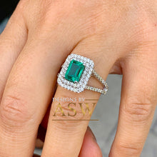 Load image into Gallery viewer, Large 14k solid white gold green emerald and round cut simulated diamond engagement ring halo split shank bridal, wedding, promise 3.00ctw