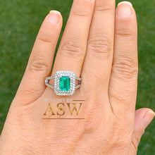 Load image into Gallery viewer, Large 14k solid white gold green emerald and round cut simulated diamond engagement ring halo split shank bridal, wedding, promise 3.00ctw