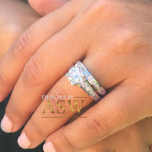 Load image into Gallery viewer, Large 14k solid white gold round cut forever one moissanite engagement ring and band bridal wedding set, channel set 3.50ctw