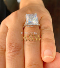 Load image into Gallery viewer, Huge Solid Sterling Silver .925 Radiant and Round Cut Simulated Diamond Engagement Ring Deco, Bridal, Wedding, Halo, Anniversary, 8.30ctw