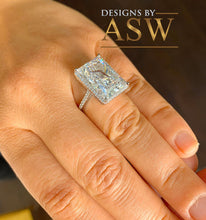 Load image into Gallery viewer, Huge Solid Sterling Silver .925 Radiant and Round Cut Simulated Diamond Engagement Ring Deco, Bridal, Wedding, Halo, Anniversary, 8.30ctw