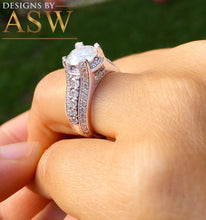 Load image into Gallery viewer, Round Cut Simulated Diamond Engagement Ring Bridal Wedding Halo Set in Stunning Custom Design Heavy 14K Solid White Gold 2.40 Carat