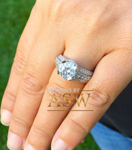 Load image into Gallery viewer, Round Cut Simulated Diamond Engagement Ring Bridal Wedding Halo Set in Stunning Custom Design Heavy 14K Solid White Gold 2.40 Carat