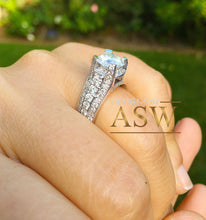 Load image into Gallery viewer, Heavy 14k Solid White Gold Round Cut Forever One Moissanite and Natural Diamond Engagement Ring Antique Deco Bridal Halo 2.70ctw