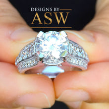 Load image into Gallery viewer, Heavy 14k Solid White Gold Round Cut Forever One Moissanite and Natural Diamond Engagement Ring Antique Deco Bridal Halo 2.70ctw