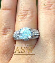 Load image into Gallery viewer, Heavy 14k Solid White Gold Round Cut Moissanite and Round Cut Natural Diamond Engagement Ring Antique Deco Bridal Halo Wedding 2.70ctw