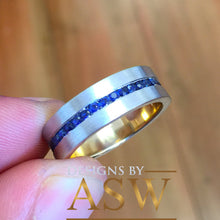 Load image into Gallery viewer, 14K Solid And Heavy White Gold Round Cut Natural Sapphires Ring Band Bezel Set Mens 7mm 0.35ctw Eternity Style Beveled