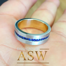 Load image into Gallery viewer, 14K Solid And Heavy White Gold Round Cut Natural Sapphires Ring Band Bezel Set Mens 7mm 0.35ctw Eternity Style Beveled