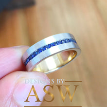 Load image into Gallery viewer, 14K Solid And Heavy White Gold Round Cut Natural Sapphires Ring Band Bezel Set Mens 7mm 0.35ctw Eternity Style Beveled