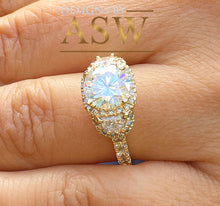 Load image into Gallery viewer, 14k Yellow Gold Round Forever one Moissanite and Diamond Engagement Ring Antique Deco Bridal Wedding Anniversry Half Moon Cut Halo 2.50ctw