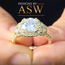 Load image into Gallery viewer, 14k Yellow Gold Round Forever one Moissanite and Diamond Engagement Ring Antique Deco Bridal Wedding Anniversry Half Moon Cut Halo 2.50ctw
