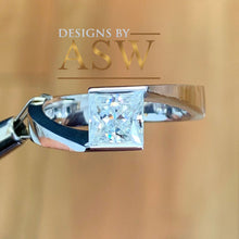 Load image into Gallery viewer, 14K Solid White Gold Princess Cut Forever One Moissanite Engagement Ring Deco, Bridal, Wedding, Anniversary, Tension Set Solitaire 1.20ctw