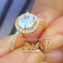 Load image into Gallery viewer, 14k Yellow Gold Round Forever one Moissanite and Diamond Engagement Ring Filigree Deco Bridal Wedding Anniversary, Bridal, Halo 1.50ctw