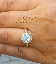 Load image into Gallery viewer, 14k Yellow Gold Round Forever one Moissanite and Diamond Engagement Ring Filigree Deco Bridal Wedding Anniversary, Bridal, Halo 1.50ctw