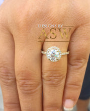Load image into Gallery viewer, 14k Yellow Gold Round Forever one Moissanite and Diamond Engagement Ring Filigree Deco Bridal Wedding Anniversary, Bridal, Halo 1.50ctw