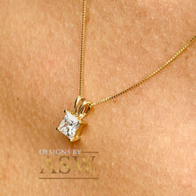 Load image into Gallery viewer, 14k solid yellow gold princess shape cut simulated diamond prong set necklace pendent and chain bridal wedding anniversary gift 1.00ctw