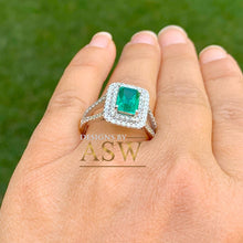 Load image into Gallery viewer, Large 14k solid white gold green emerald and round cut simulated diamond engagement ring halo split shank bridal, wedding, promise 3.00ctw