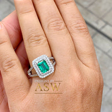Load image into Gallery viewer, Large 14k solid white gold green emerald and round cut simulated diamond engagement ring halo split shank bridal, wedding, promise 3.00ctw