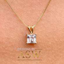 Load image into Gallery viewer, 14k solid yellow gold princess shape cut simulated diamond prong set necklace pendent and chain bridal wedding anniversary gift 1.00ctw