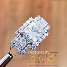 Load image into Gallery viewer, Heavy Huge 14k solid white gold princess, emerald baguettes and round cut forever one moissanite engagement ring and two bands halo 4.80ctw