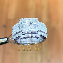 Load image into Gallery viewer, Heavy Huge 14k solid white gold princess, emerald baguettes and round cut forever one moissanite engagement ring and two bands halo 4.80ctw