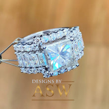 Load image into Gallery viewer, Heavy Huge 14k solid white gold princess, emerald baguettes and round cut forever one moissanite engagement ring and two bands halo 4.80ctw