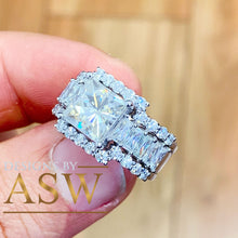 Load image into Gallery viewer, Heavy Huge 14k solid white gold princess, emerald baguettes and round cut forever one moissanite engagement ring and two bands halo 4.80ctw
