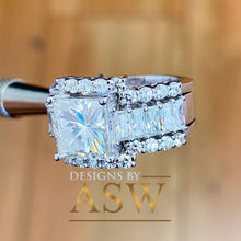 Load image into Gallery viewer, Heavy Huge 14k solid white gold princess, emerald baguettes and round cut forever one moissanite engagement ring and two bands halo 4.80ctw