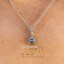 Load image into Gallery viewer, 14k white gold forever one princess and natural round cut diamond and sapphire pendent and chain bridal wedding anniversary gift 1.00ctw