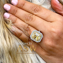 Load image into Gallery viewer, Large 6.00 Carats 14k Solid White and Yellow Gold Radiant Cut Simulated Diamond and Light Fancy Yellow Diamonds Engagement Ring Double Halo