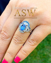 Load image into Gallery viewer, 14k solid white gold Oval cut blue sapphire and round diamonds engagement ring and band halo, bridal, wedding, anniversary, propose 2.50ct