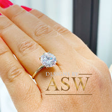 Load image into Gallery viewer, 14K Solid Yellow Gold Round Cut Forever One Moissanite Engagement Ring Deco, Bridal, Wedding, Anniversary, Four prong set, Solitaire 3.00ctw